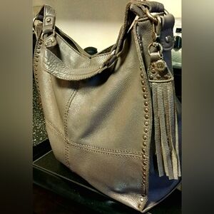 The SAK Grey Studded Shoulder Bag, 11" high X 14.5" wide, EUC
